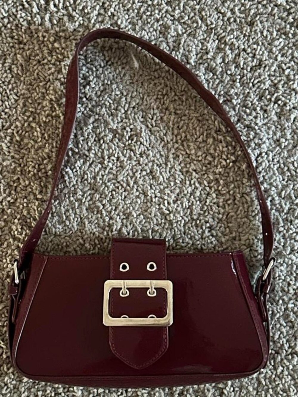 Burgundy Patent Leather Baguette Bag with Oversized Buckle